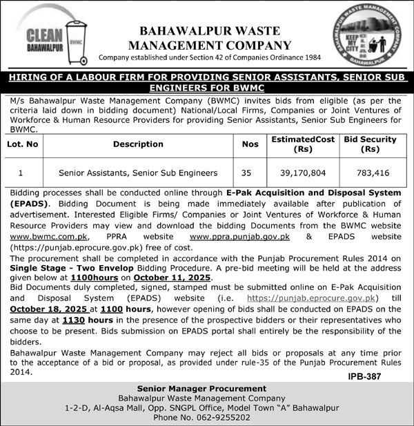 Bahawalpur Waste Management Company Tender Notice